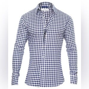 Teddy Stratford Navy and White Checkered Plaid Gingham Button Down Zipper Shirt